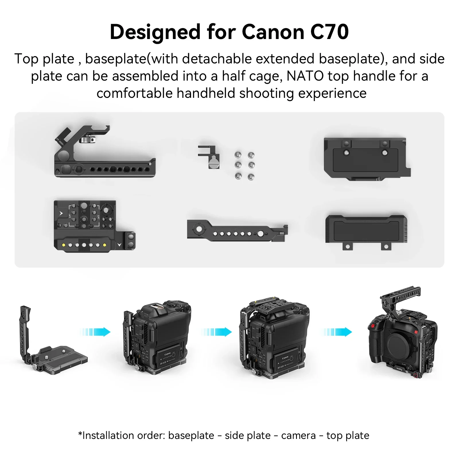 

Клетка для камеры SmallRig, ручной комплект для Canon EOS C70 с ARRI 3/8 дюйма-16 отверстиями для стабилизаторов DJI RS2/RSC 2