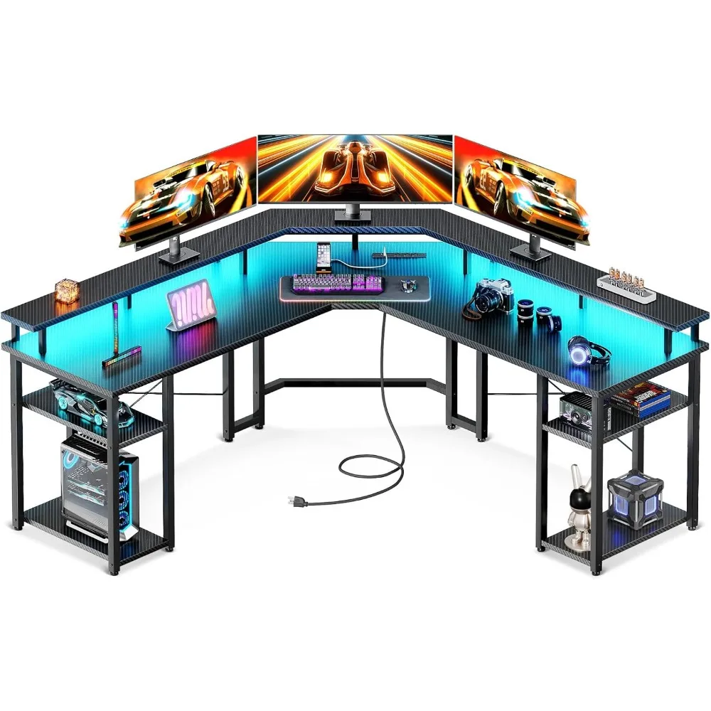 L Shaped Gaming Desk with LED Lights & Power Outlets, Reversible Computer Desk with Full Monitor Stand & Storage Shelves