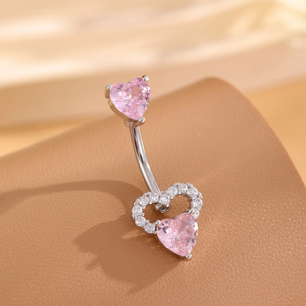 1PCS Pink Heart-Wing Butterfly Belly Button Rings Jewelry Stainless Steel Chain Dangled Navel Piercing Crystal Cute Belly Ring