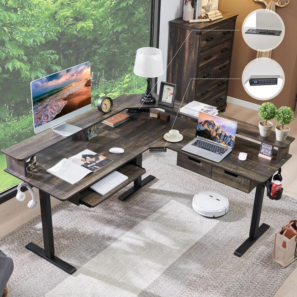 

Desk,Height Adjustable With Drawers, Keyboard Tray, Power Outlets & LED Lights,with Monitor Shelf,computer Desks