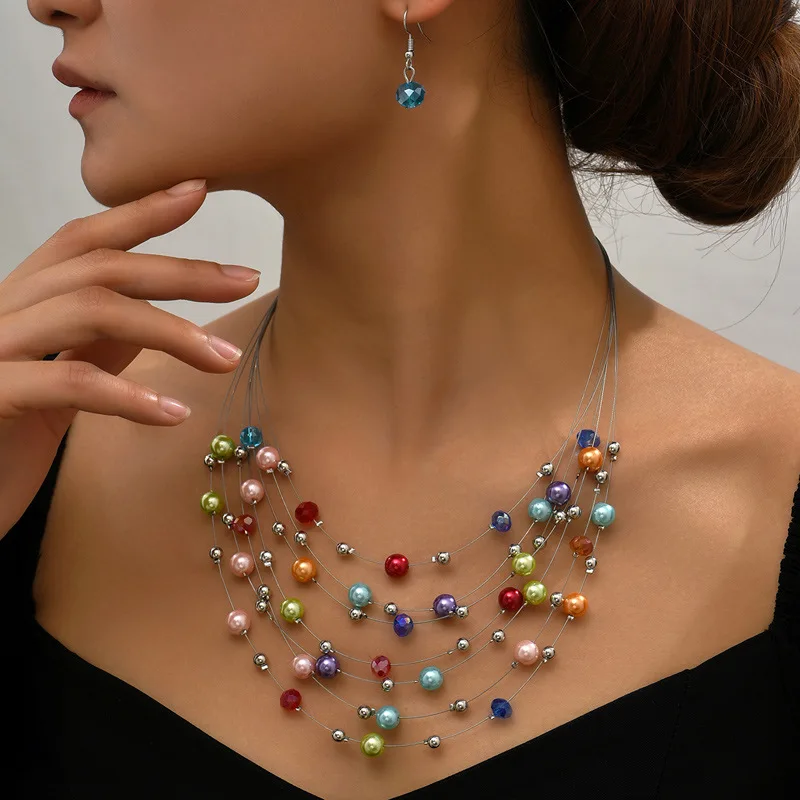 Women Multi Layer Beaded Statement Necklace Stone Crystal Bead Wire Choker Bib Necklace For Party Wedding Daily Jewelry Gift