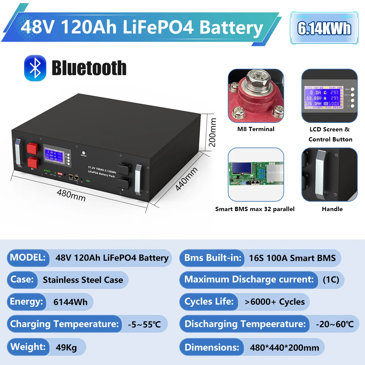 LiFePO4 48V 120Ah 6Kwh Battery Pack 6000 Cycles Bluetooth Smart BMS 51.2V 100Ah 150Ah 200Ah 12V 24V Lithium Battery EU UA NO TAX