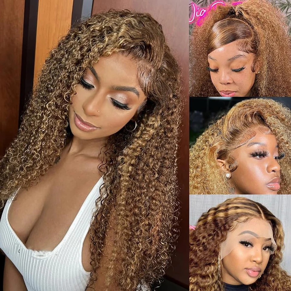 Perruque Brésilienne Naturelle à Reflets Blond Miel Ombré, Cheveux Crépus Bouclés, 13x6 HD, Dentelle Frontale, Liquimanquer en Solde