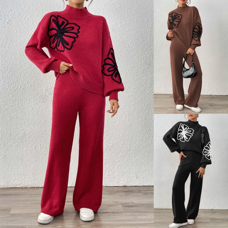 Women's Autumn Winter Suit Ribbon Embroidery Lantern Sleeve Pullover Sweater Wide Leg Casual Straight Leg Pants Two-piece Set