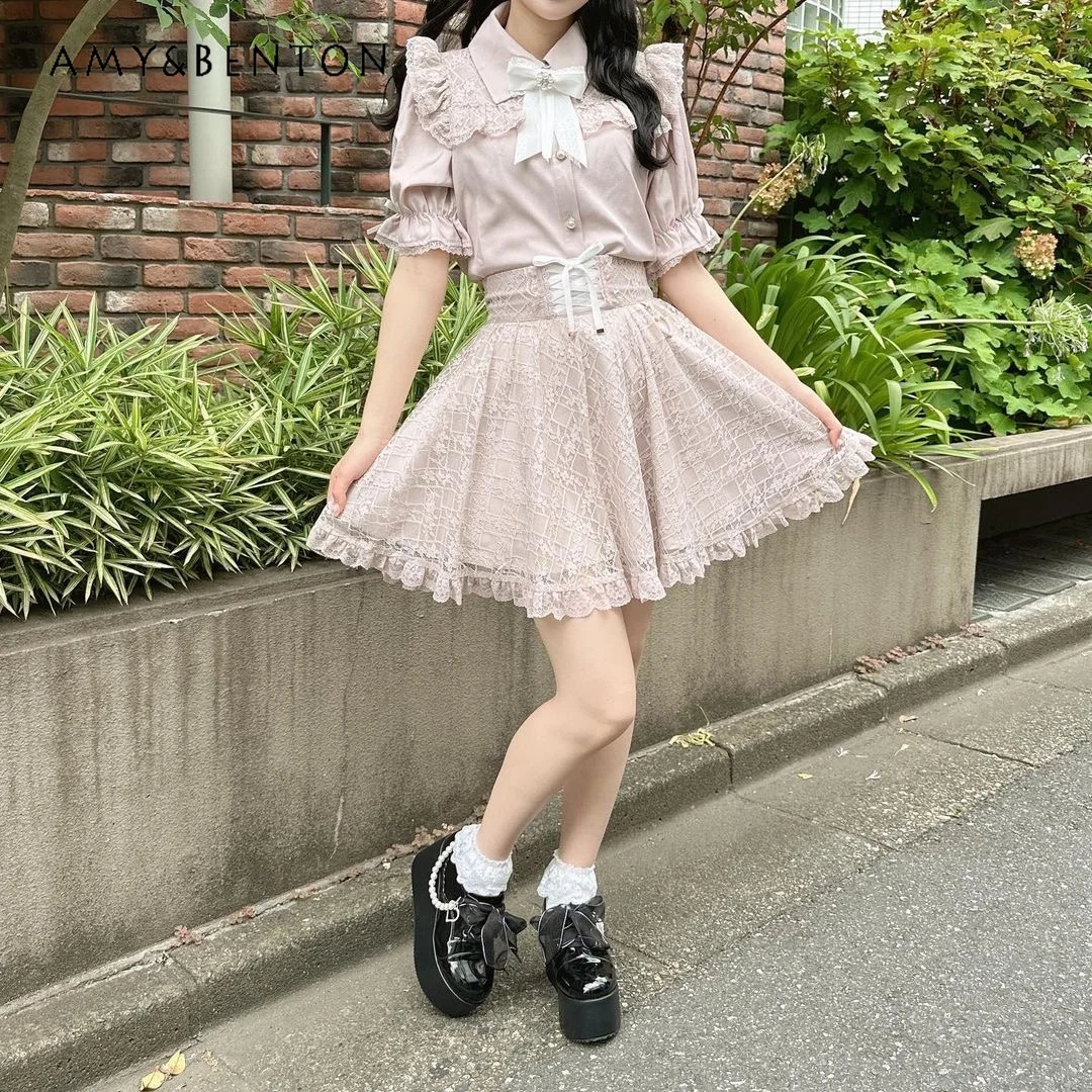 

New Mine Style Lolita A- Line Skirt Sweet Cute Women's Lace-up Mesh Lace Bubble Skirts Heart Buckle Japanese Style Mini Skirt