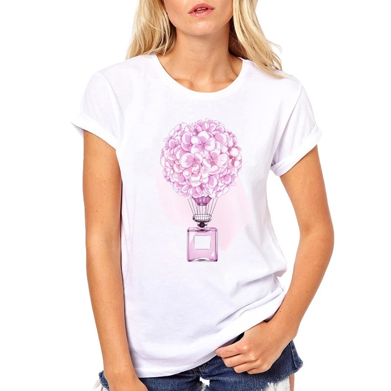 Flower Perfume Printed Tops Tees Female Summer  T-shirt Casual Lady Top Fashion T Shirt Women