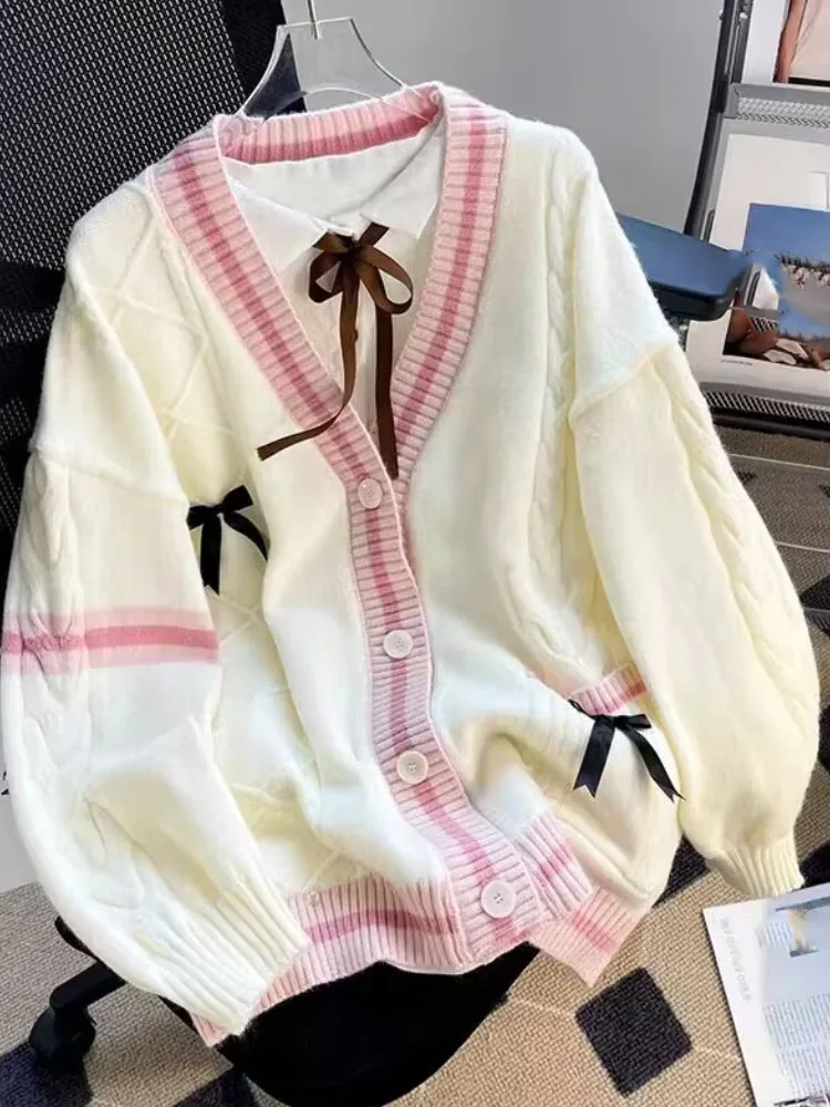 Sweet Bow Knitted Cardigans Y2k Aesthetic All Match Contrast Color Coats Fashion Single Breasted Women Kawaii Jk Sweaters Jumper