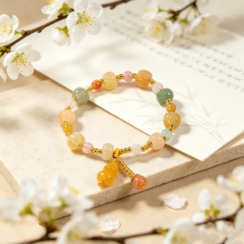 Sweet Colorful Crystal Beaded Bracelet Rabbit Gourd Pendant Macaron Style Handmade Jewelry Gifts