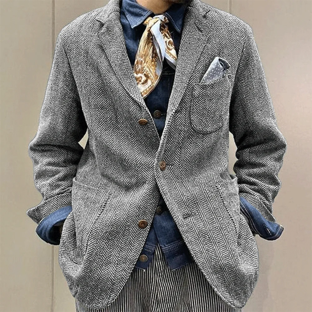 

Classic Men's Coat Herringbone Tweed Simple Suit Jacket Notched Lapel Single Breasted Top Autumn Men Comfort Wear New 2024