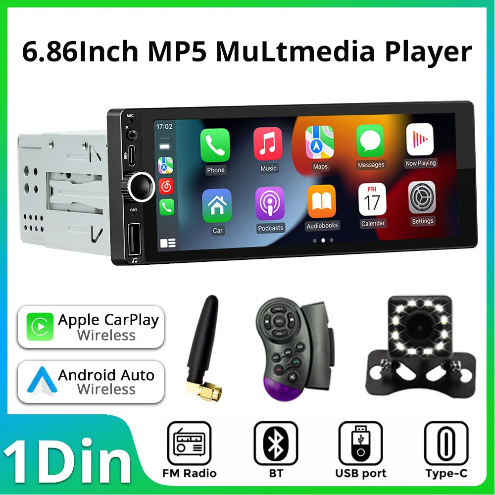 

1DIN 6.86INCH Wireless Carplay Android Auto Car Radio Bluetooth Multimedia Video MP5 Player With USB Support Rearview Camera