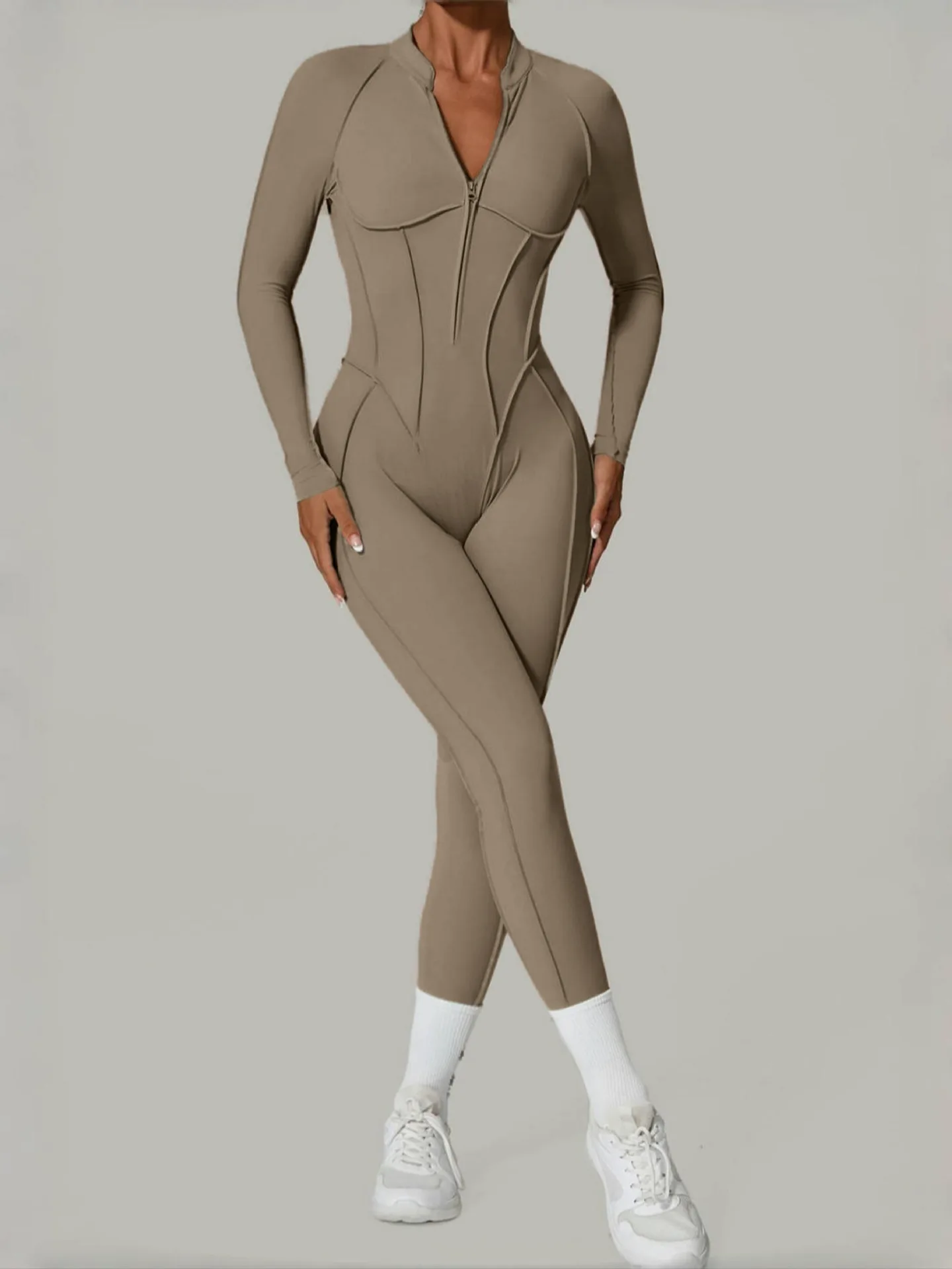 Women Quick Dry Yoga Bodysuit Half Zipper Cutout Open Back One‑Piece Jumpsuit Butt Lifting Design For Fitness Gym Sports Trainin