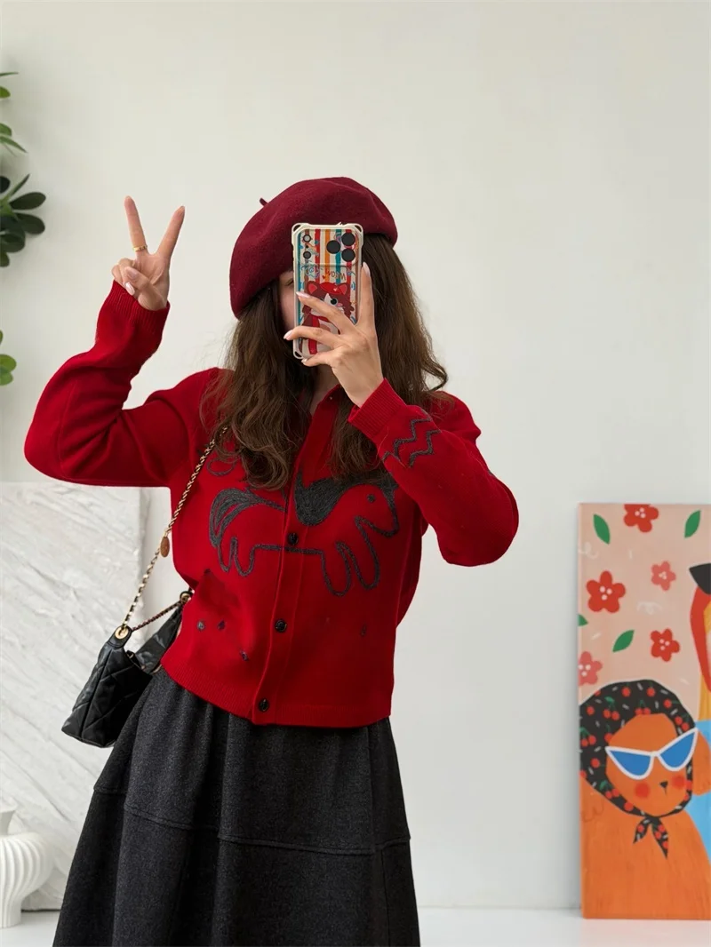 

Вязаный вручную кардиган из 100% шерсти с вышивкой, новый весенний, женский, винтажный, свободного кроя, с длинными рукавами