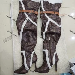 2025 Women Pointed Toe Brown Over The Knee Boots Buckle Strap Thin High Heel Lady Zipper Female Thigh High Stiletto Boots 44