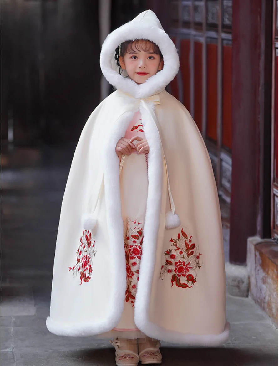 Chinoiserie Child Girl Cape White Elegant Wedding Cloaks Bridal Faux Fur Winter Wedding Accessories Bridal Wraps Bridal Cedding