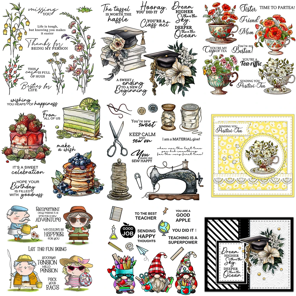 Primavera pequenas flores e corte floral dados e selos bolo doce máquina de costura gnomos conjunto de carimbo para diy scrapbooking artesanato