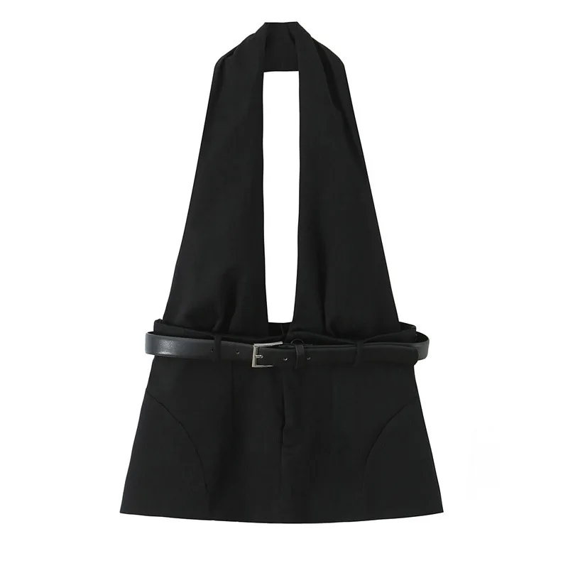 

Модный и элегантный женский топ с поясом и воротником-халтер