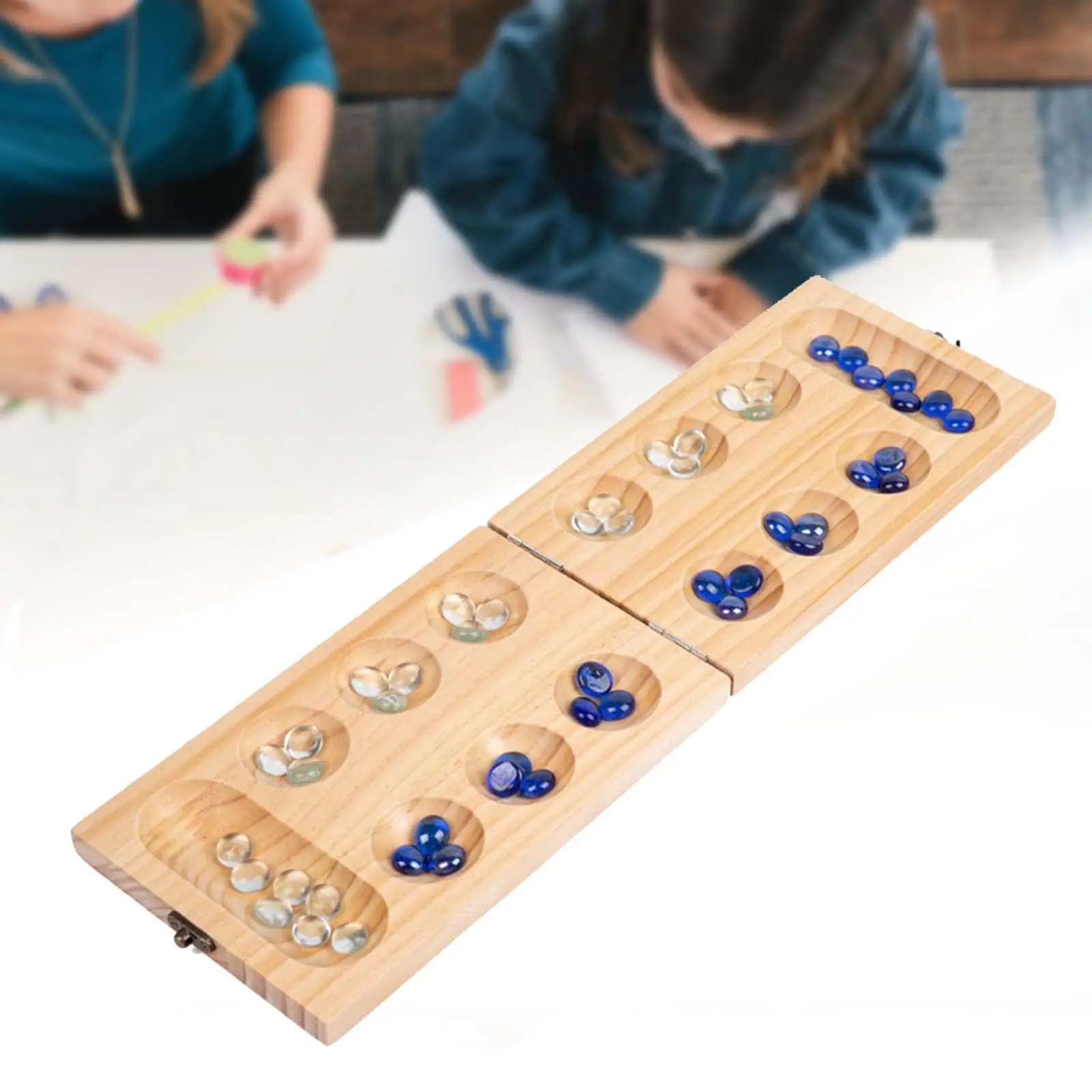 Wooden Mancala Board Game 2 Player Game Tabletop Game Portable 48 Stones Set for Children and Adults Teen Travel Travel Games