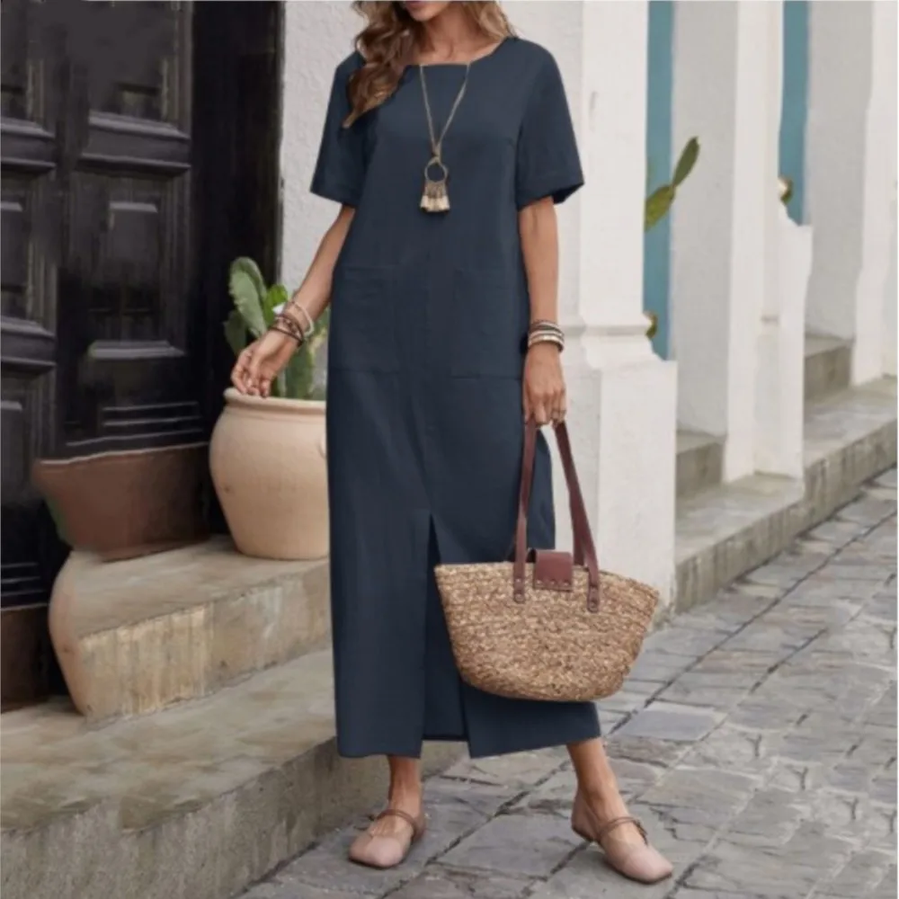 Summer Fashion Cotton Linen Solid Color O Neck Short-sleeved Dress Female Casual Loose Retro Simple Pocket Women's Long Dresses image 4