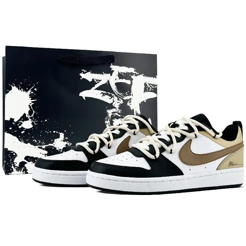 

【Customize】Nike Court Borough Skateboarding Shoes Women's Low-top Black/khaki/white Sneakers shoes BQ5448-115