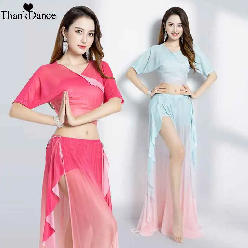 Conjunto de trajes de danza del vientre egipcio para mujer, traje de Baile Oriental de actuación para adultos, falda dividida, vestido de práctica de baile