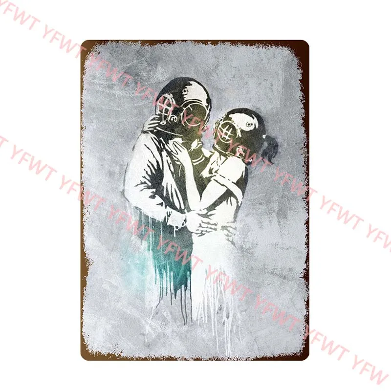 Banksy Graffiti Art Metal Tin Sign Poster Street Wall Painting Love Little Boy Poster Living Room Corridor Bar Home Decoration