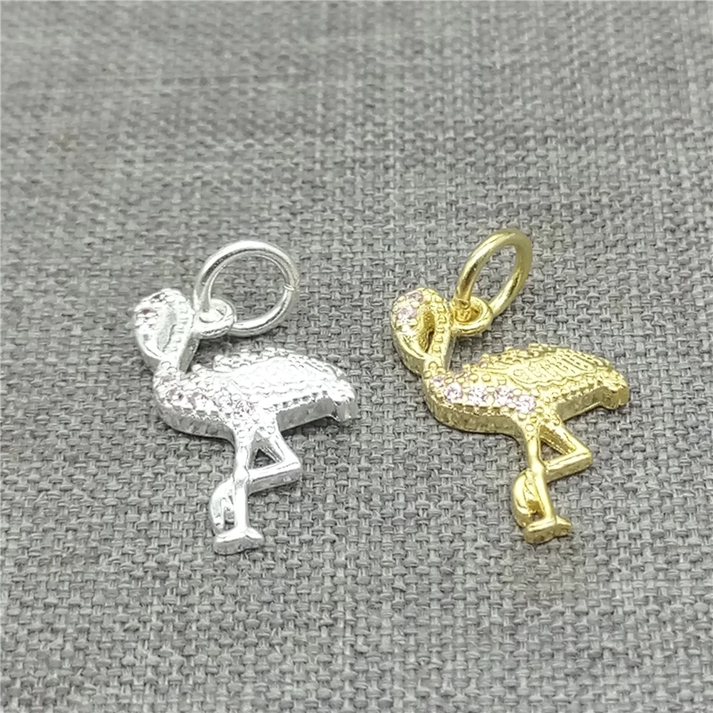 2pcs of 925 Sterling Silver Crane Charms w/ Pink CZ Gold Plated for Necklace Bracelet