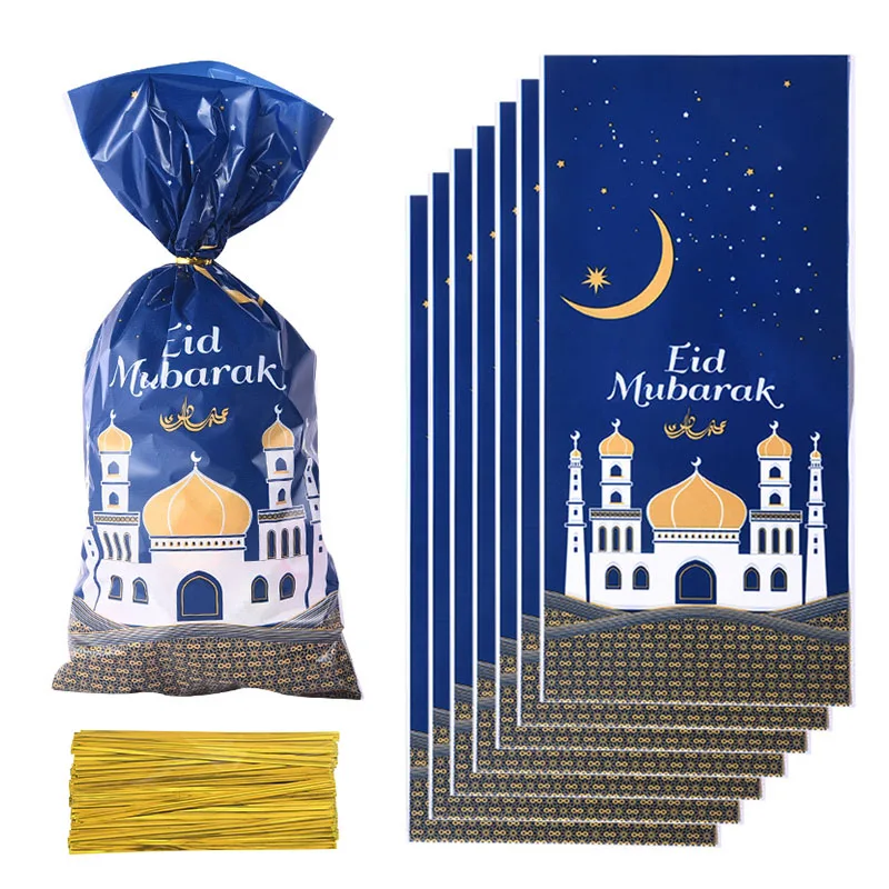 

50pcs Eid Mubarak Gift Bags Plastic OPP Candy Cookie Bag Ramadan Kareem Decoration Islamic Muslim Party Supplies Eid Al-fitr