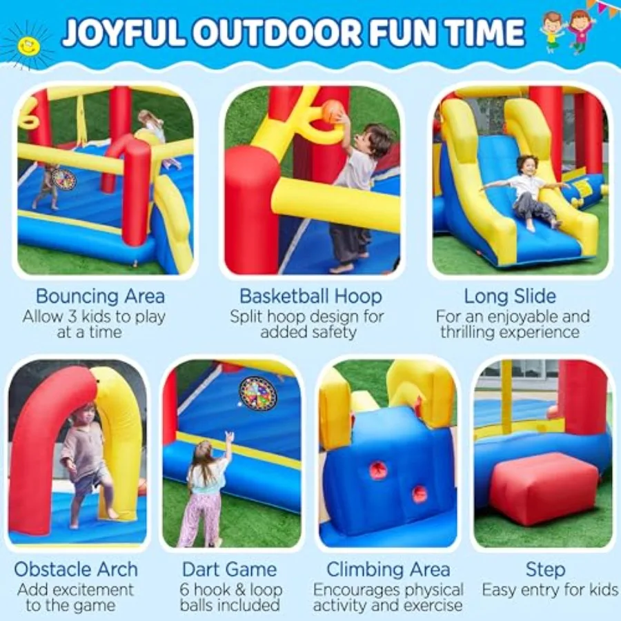 Casa de salto inflável, área de salto grande 7 em 1 com arco de obstáculo, corrediça, jogo de basquete e jogo de dardo, casa de salto para K