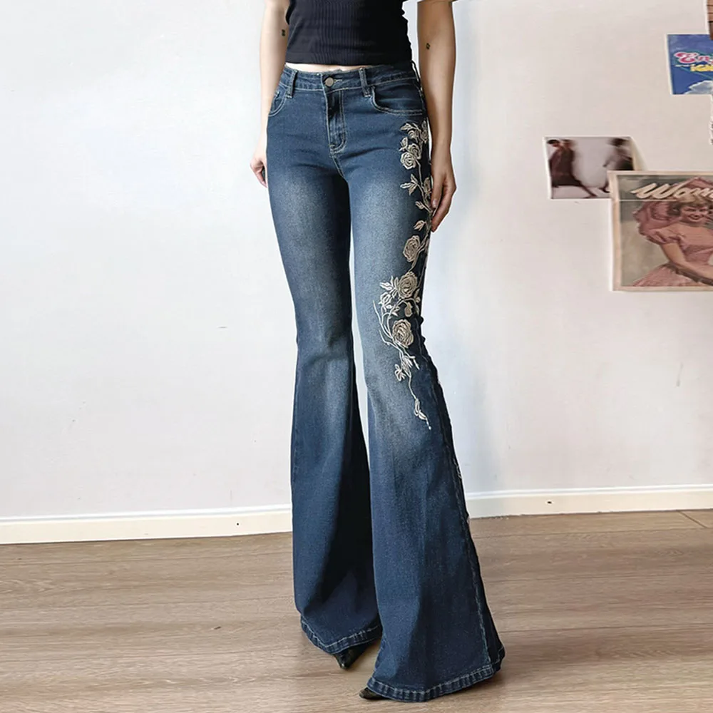 Women's American Retro Rose Roidered Micro Flared Denim Jeans 2025 New Spring Autumn Spicy Girls Slim Fit Floor Length Pants