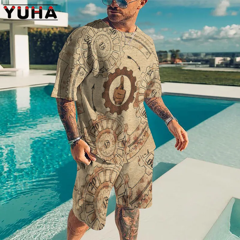 YUHA Funny Summer Men's/Women's Classic 3D Captain World Map Printing Suit Crew Neck Large Size T-shirt +Shorts 2-Piece Set For