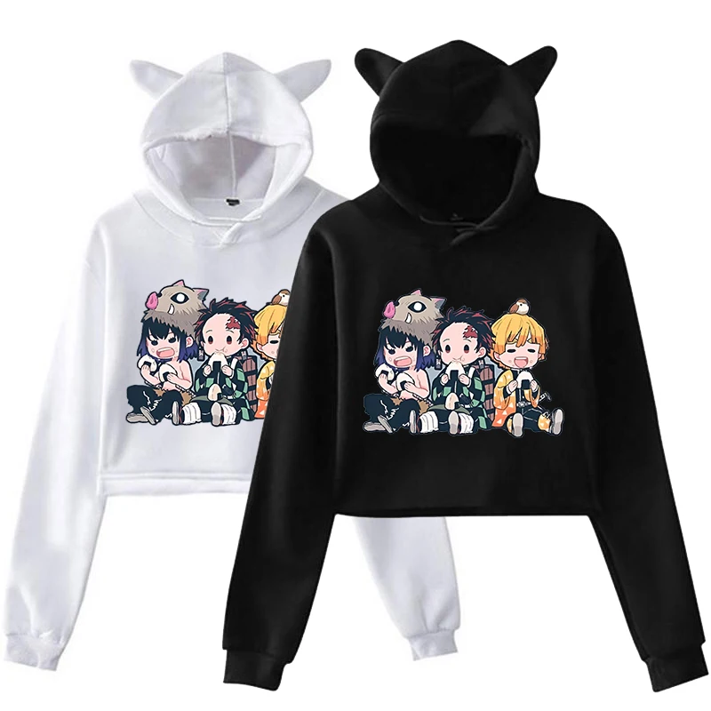 New Anime Hashibira Inosuke Kamado Tanjirou Agatsuma Zenitsu Cartoon Printing Hoodies Women Girl Harajuku Y2k Cat Ears Short Top