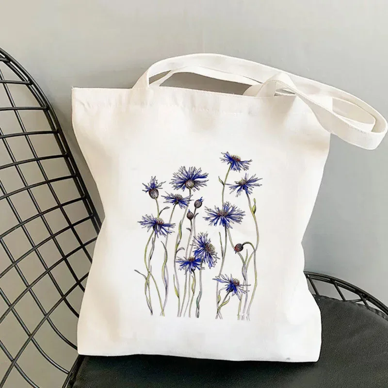 Bright-Colored Fresh Flower Shopper Tote Bag Shoulder Foldable Fashion Large Canvas Handbag High Capacity Shopping Bag