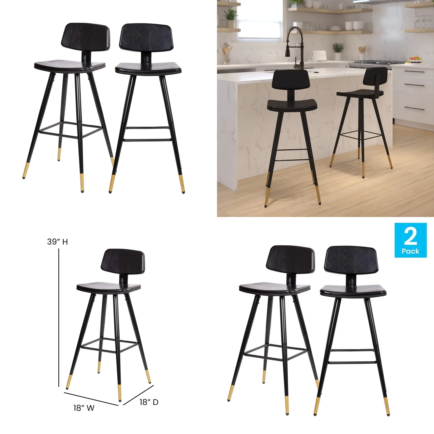 

Commercial Low Back Barstool Black LeatherSoft Iron Frame Footrest Gold Legs Set 2, Customized