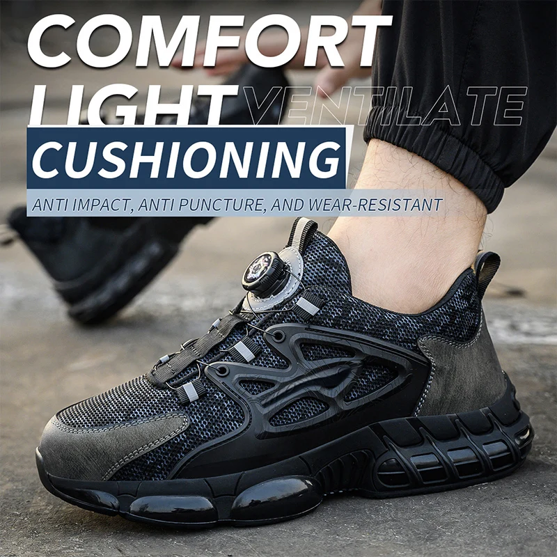 Fashion Rotating Button Safety Shoes Men Steel Toe Air Cushion Work Shoes Man Puncture Proof Work Safety Boots Protective Shoes