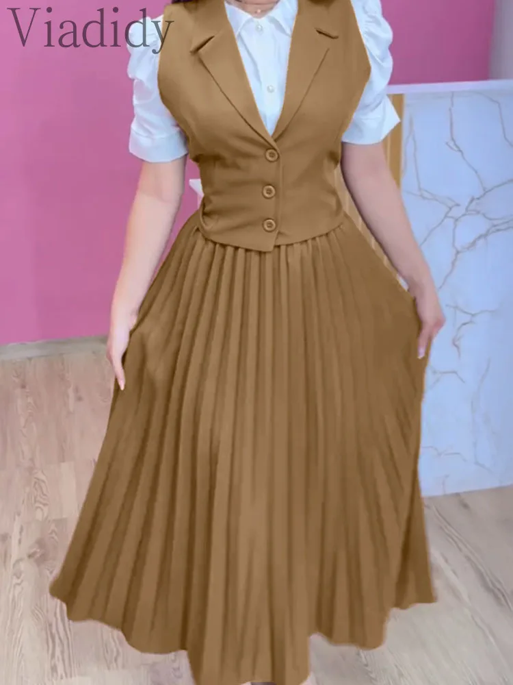 

Women's Elegant Solid Color Turn-down Collar Sleeveless Button Vest and High Waist Pleated Skirt 2pcs Set