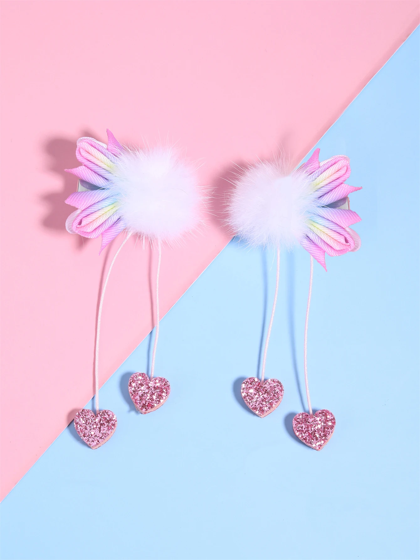 2pcs Gradient Rainbow Hair Clips for Girls Pompom Wings Clips with Tassel Barrettes Cute Hair Accessories for Kids Ideal Gifts