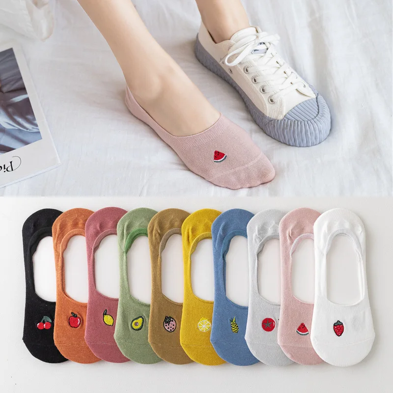 

Women fruit embroidery invisible shallow-mouthed boat socks socks anti-slip silicone sweet breathable summer thin cotton.