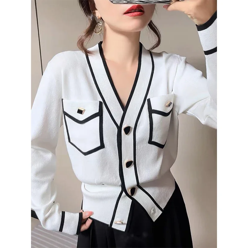 Women Clothing Sexy Slim Solid Chic Sweater Cardigan Spring Autumn V-neck Simple All-match Knitwear Tops