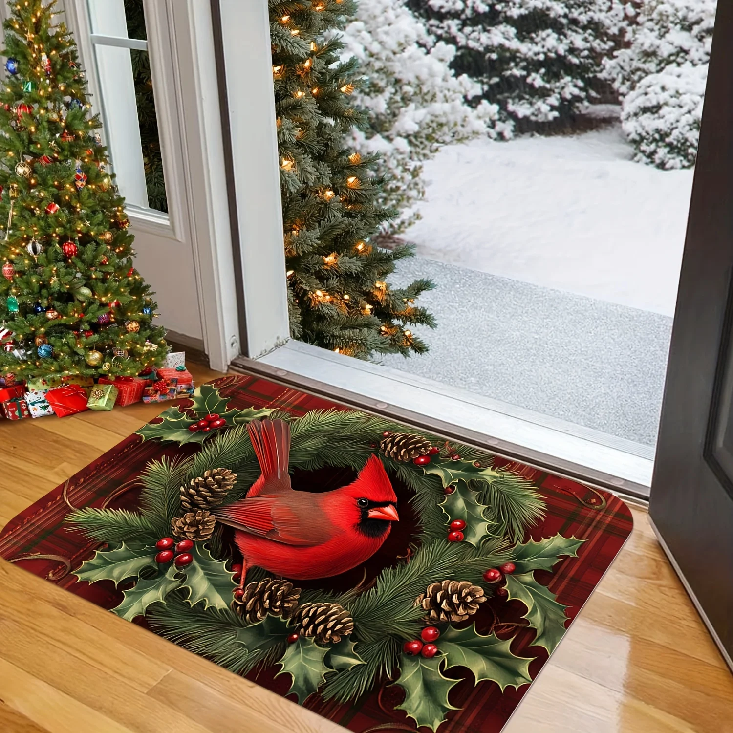 VIKAMA Christmas Doormat Non‑Slip Washable Front Door Rug Indoor Outdoor Xmas Bird Wreath Plaid Decor Mat for Rustic Entryway