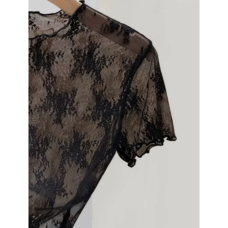 Elegant Semi-Sheer Lace Blouse Top - Short Sleeve Stretchable Shirt with Fit, Soft High-Elastic Fabric Suitable Spring/Summe