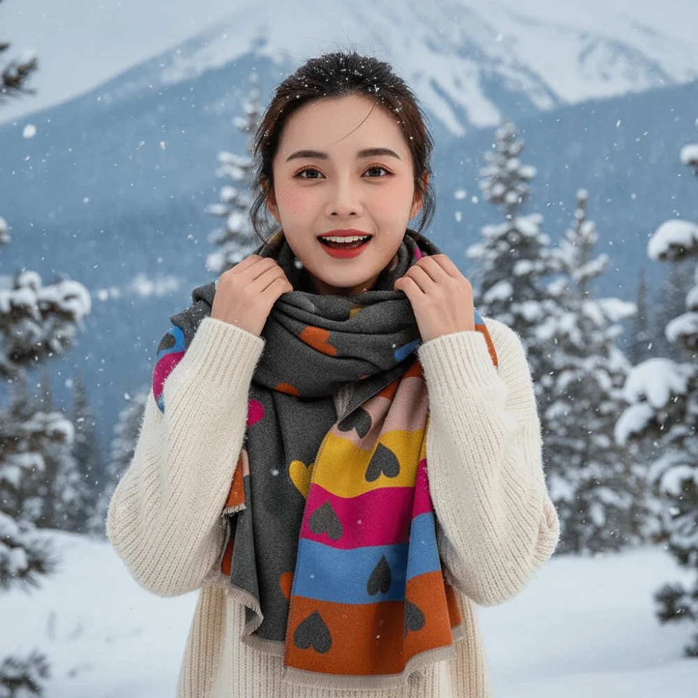 Thick Heart Pattern Scarf Soft Warm Faux Cashmere Wrap Skin Friendly Fringed Winter Warm Shawl Chilly Commute