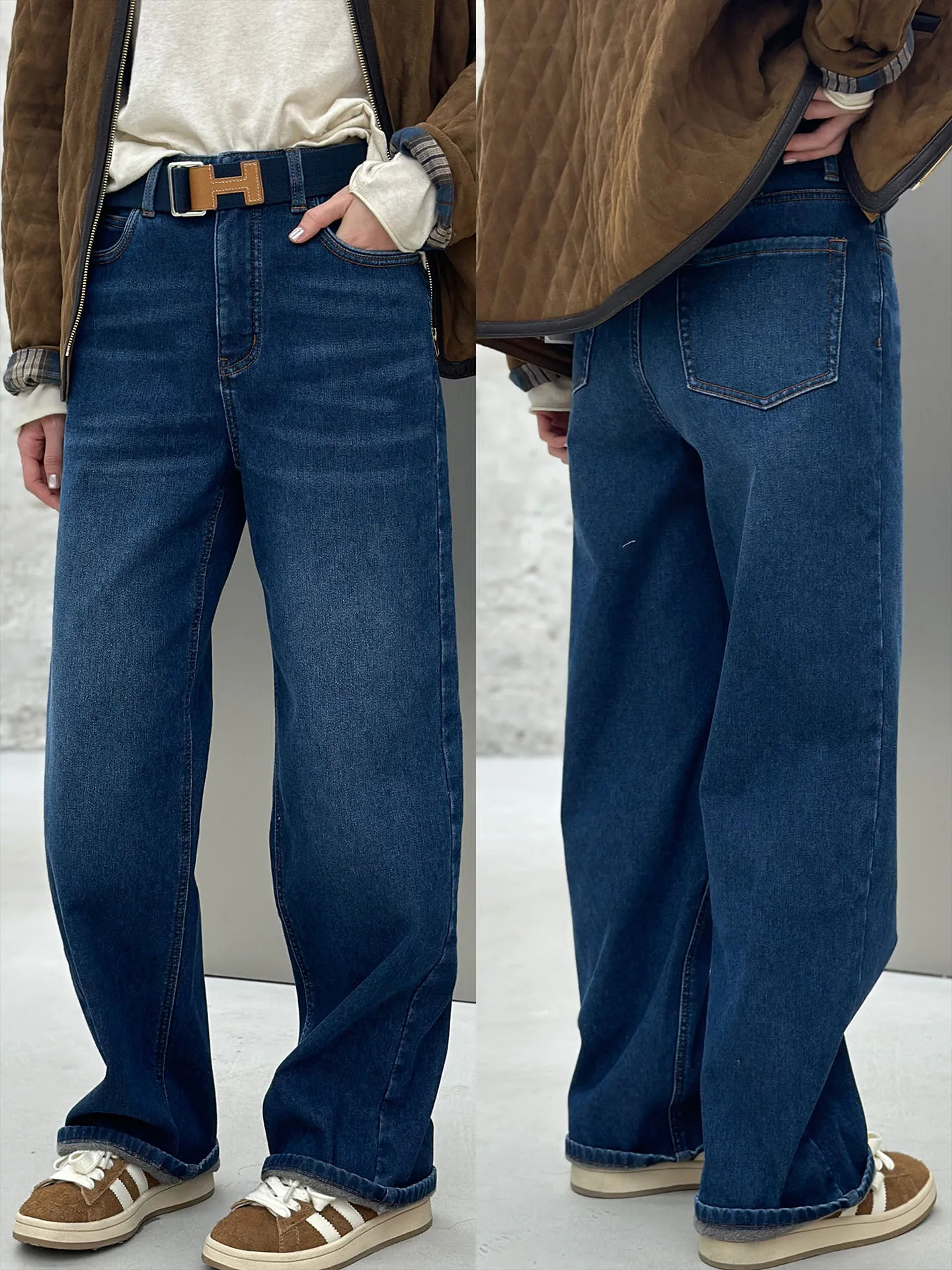 

Женские джинсы Wang Zai Jia: ретро-стиль, утепленные флисом, с высокой талией, прямые, модные, теплые, классические, универсальные