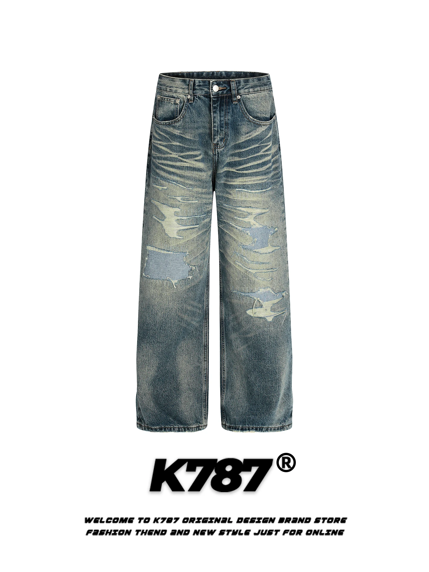

K787 American Sle Streetwear Faded Waed Jeans Men's Loose Casual Straight Leg Long Pants High Waist Button Cotton Polyest...