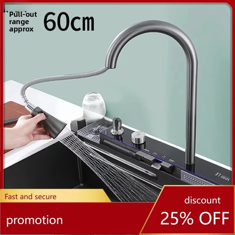 Kitchen Waterfall Large Single Sink Honeycomb Nano Household Digital Display Raindance Piano Key Integrated Set