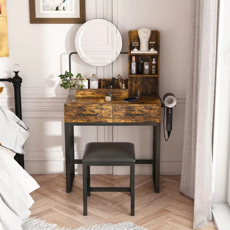 2 large drawer brown makeup dresser with LED light, 3 color power socket, sturdy metal legs, suitable for bedroom/dressing room