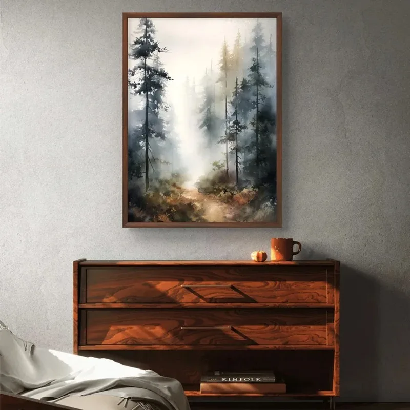 Watercolor Foggy Pine Trees Misty-Forest Lake Winter Landscape Poster Canvas Painting Wall Art Pictures Home Interior Deor