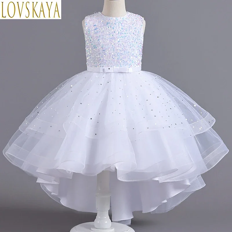 Girl Princess Dress Solid Color Sequin Tailcoat Youth Piano Performance Dress Pengpeng Wedding Flower Girl Dress