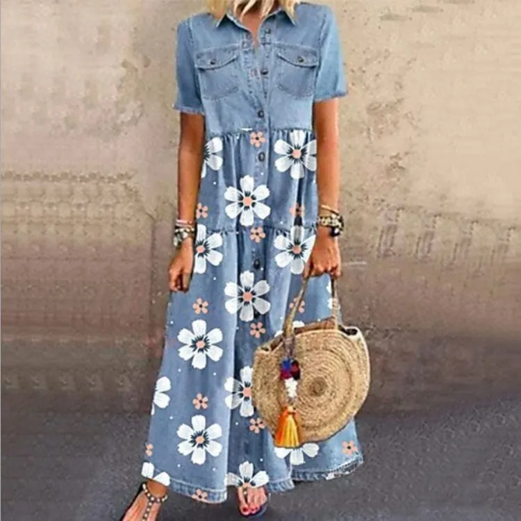 

European and American Denim Style Long Multi-button Old Dress Maxi Dresses for Women Summer Boho Vacation Beach Loose Dress