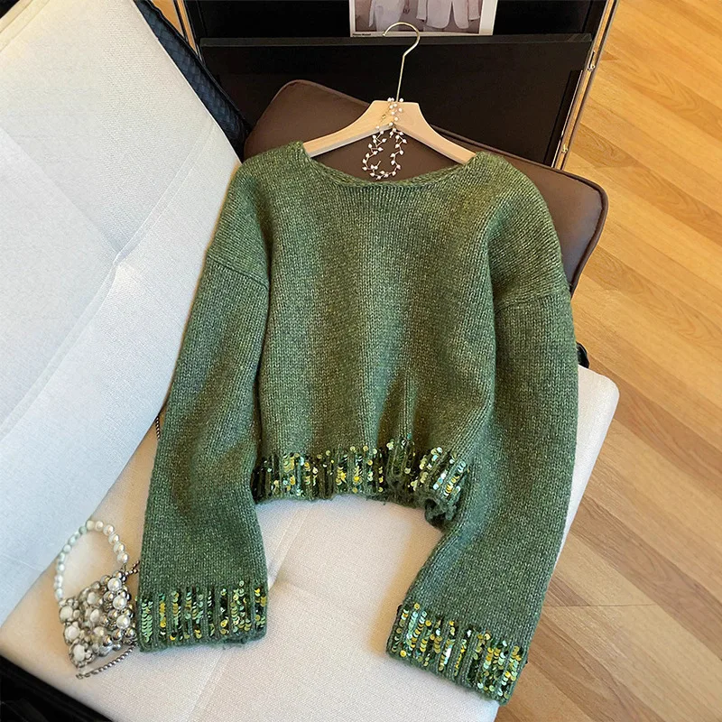 

French High-End Sequin Splicing Knitted Sweater Women's Loose Green Round Neck Short Top Winter New Style Basic Style Pure Color