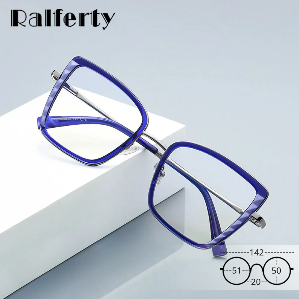 Ralferty Stylish Women's Anti-Blue Light Glasses Frame TR90 Metal Optical Frame Spring Hinges Translucent Square Design Eyeglass
